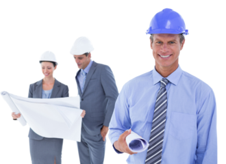 Businessmen and a woman with hard hats and holding blue