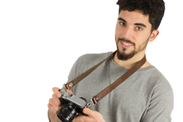 Casual man holding his camera
