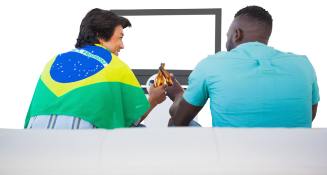 Football fans looking at each other and cheering - Powered by Adobe