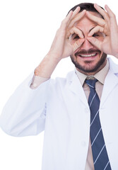 Smiling doctor forming eyeglasses with his hands