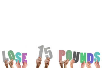 Colorful alphabet spelling lose 15 pounds held up by people