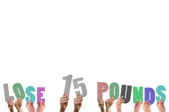 Colorful alphabet spelling lose 15 pounds held up by people 