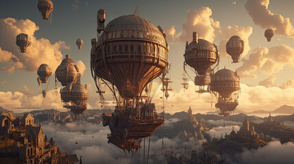 Illustration of a steampunk city.