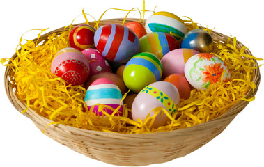 Fototapeta na wymiar Multi colored easter eggs in wicker basket