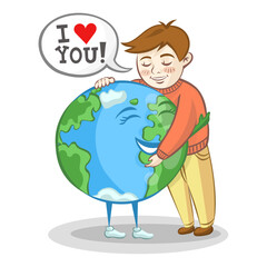 Fototapeta na wymiar Boy hugs planet Earth and confesses his love to it. Earth Day 22 April vector illustration with white background. Ecology and save the Planet concept.