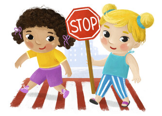 cartoon scene with child girls going through crossing in the city street illustration for children