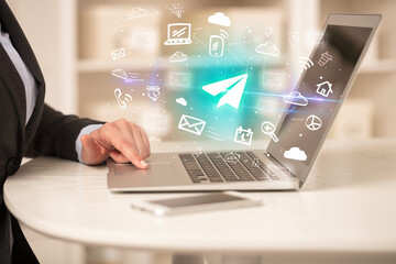 Businessman working on laptop with new business concept