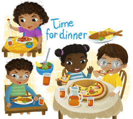 cartoon scene with boy and girl eating pizza for dinner illustration for kids