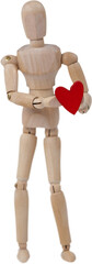 Wooden 3d figurine standing and holding a red heart