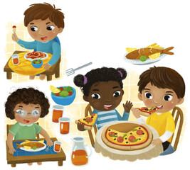 cartoon scene with boy and girl eating pizza for dinner illustration for kids