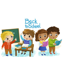 cartoon child kid boy and girl pupils going to school learning solving tasks on the blackboard childhood illustration for children