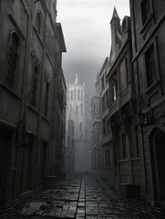 Fototapeta na wymiar An eerie view of a cityscape with narrow cobblestone streets winding past eerie facades and looming gargoyles. Gothic art. AI generation.
