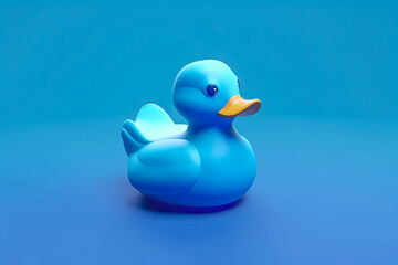 Cute blue toy duck figure isolated on pastel blue background. Copy space. Generative AI