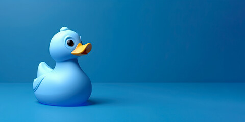 Cute blue toy duck figure isolated on pastel blue background. Copy space. Generative AI