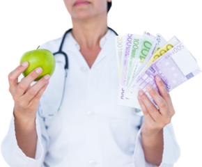 Midsection of female doctor holding green apple and banknotes
