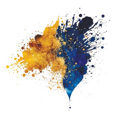 Cobalt blue and gold watercolor splash blot splatter stain with gold glitters. Watercolor brush strokes. Beautiful modern hand drawn vector illustration. Isolated colorful pattern on white background
