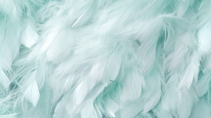 Fototapeta premium Verdigris and white soft feathers and fur pattern texture background. Pastel green color fur and feathers pattern texture. Close up. generative AI