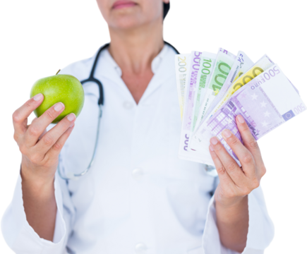 Midsection of female doctor holding green apple and banknotes - Powered by Adobe