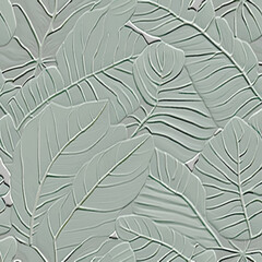 Emboss 3d light green leaves tropical vector pattern. Tropic plants textured leafy background. Surface 3d leaves, branches ornaments. Leafy foliage jungle backdrop. Endless ornate grunge texture