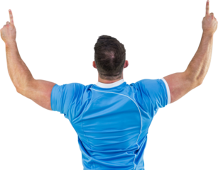 Rugby player cheering and pointing