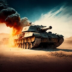 Fototapeta na wymiar armored tank crosses a mine field during war invasion epic scene of fire and some in the desert, wide poster design with copy space area. Created with AI.