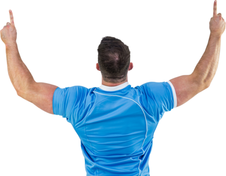 Rugby player cheering and pointing