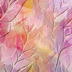 Beautiful floral watercolor 3d seamless pattern. Pink Watercolor embossed leafy background. Grunge dirty colorful backdrop. Embos flowers, leaves. Modern surface plants ornaments. Endless texture