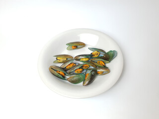 Green Mussel on plate isolated on white background, Fresh New Zealand Mussel or Perna Canaliculus on White Background.