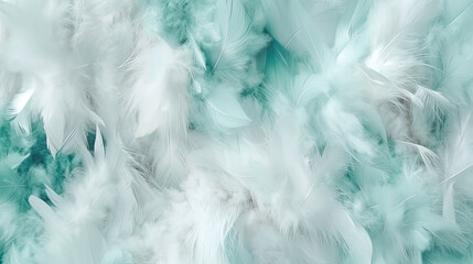 Verdigris and white soft feathers and fur pattern texture background. Pastel green color fur and feathers pattern texture. Close up. generative AI