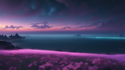 Fototapeta na wymiar Evening dark landscape with sakura on the seashore