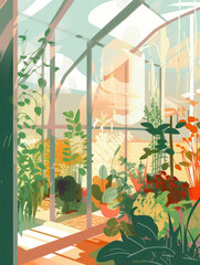 Glass walls glinting in the sunlight containing a dreamy garden of vegetables herbs and flowers.. AI generation.