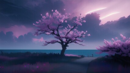 Naklejka na ściany i meble Evening dark landscape with sakura on the seashore