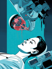 A robotic arm is seen slicing into the head of an unconscious person as a doctor watches from a nearby monitor.. AI generation.