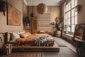 Moscow, Russia—December 2021—Bright bedroom. Boho decor. Generative AI