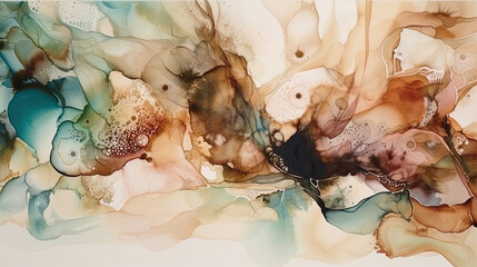 Luxury abstract fluid art painting in alcohol ink technique, mixture of colorful earth colors paints. Tender and dreamy design wallpaper, banner. Generative AI