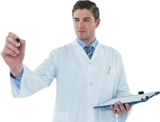 Doctor with clipboard pretending to be using futuristic digital screen