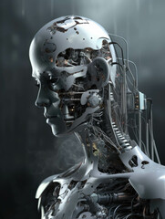 A hybrid being with metal and electrical components raising awareness on transhumanism.. AI generation.