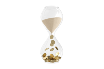 Egg timer with flowing sand into coins