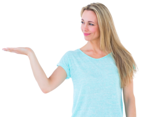 Pretty blonde smiling with hand out