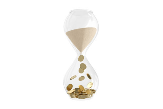 Egg timer with flowing sand into coins