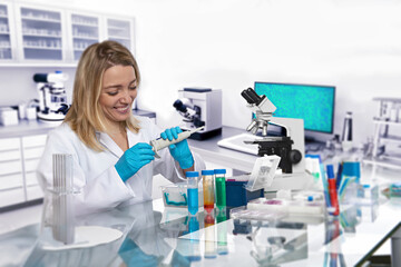A Caucasian female scientist is working energetically in a scientific research facility. She is wearing a white lab coat and protective gloves.