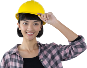 Female architect in hard hat standing against white background