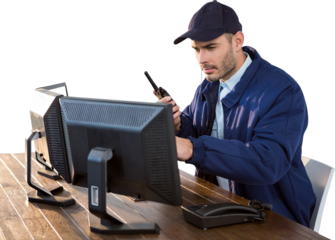 Focused security officer looking observing computer monitors and talking on walkie talkie