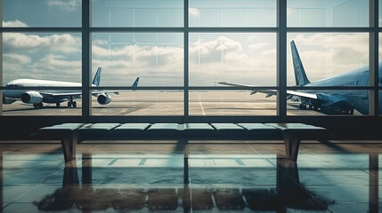 Benches in the airport, behind a large window on the tarmac stands the plane, generative ai