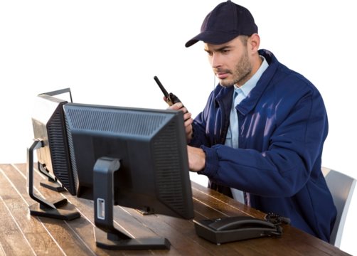 Focused security officer looking observing computer monitors and talking on walkie talkie - Powered by Adobe