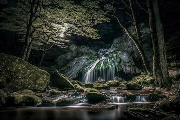 Fototapeta premium Nighttime Serenity: A Majestic Waterfall Illuminated by Moonlight, ai generative