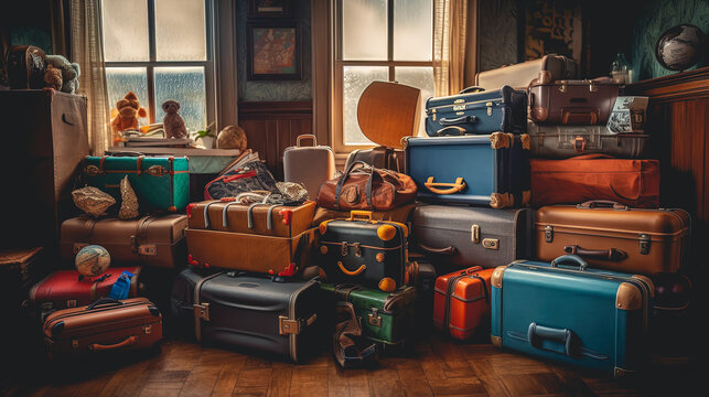 Stylish retro suitcases. Travel Fashion. Banner For Air Travelling And Vacation Booking Concept. Generative AI