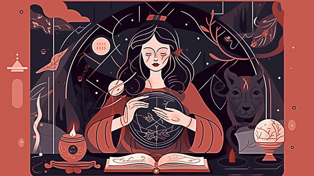 Witch woman using tarot cards for love spelling, divination and fortune telling. Generative AI