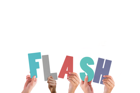 Colorful alphabet spelling flash held up by people  - Powered by Adobe