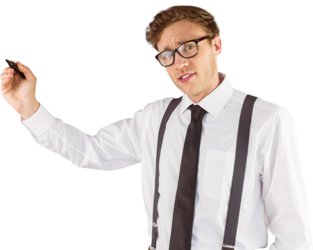 Geeky businessman writing with marker
